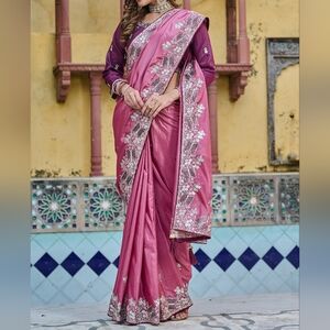 Elegant Pink Embroidered Sari